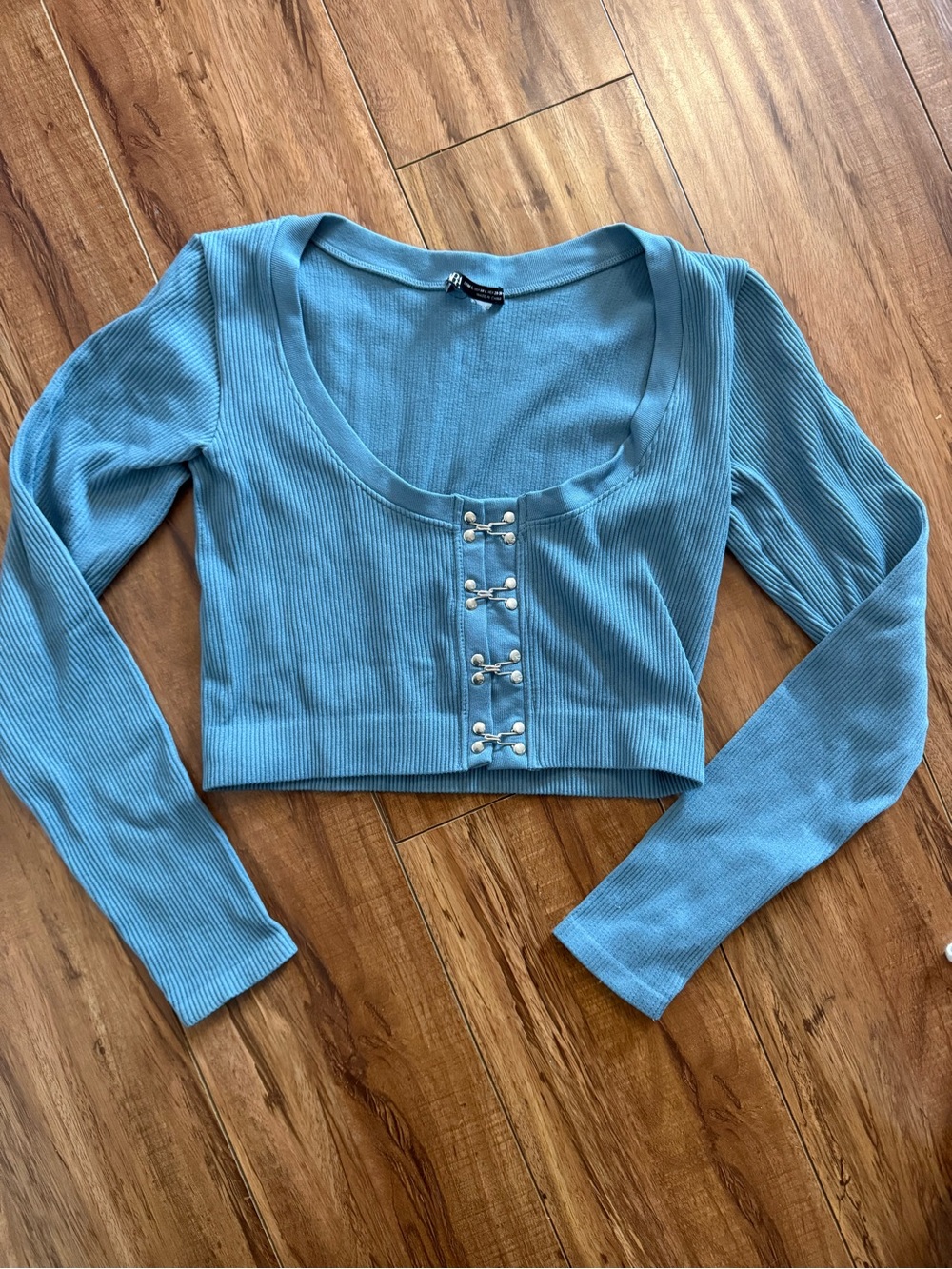 Zara Light Blue Ribbed Hook-Detail Cropped Top